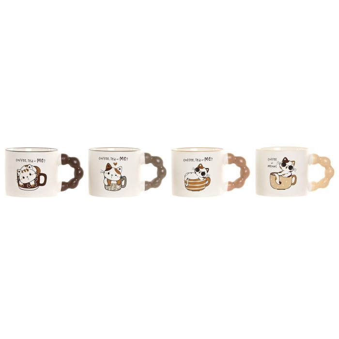 DKD Home Decor Taza Scandi de Porcelana/New Bone 335ml con Gatos Beige Marrón Apta Microondas Lavavajillas (12 Uds)