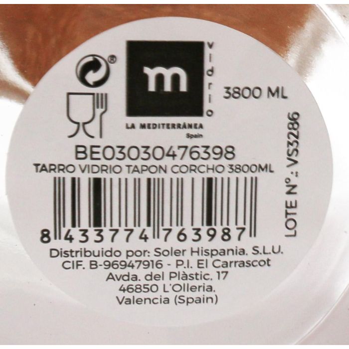 Tarro de vidrio con tapón de corcho 3800 ml - La Mediterranea (4 Unidades) 7 Tarro de vidrio con tapón de corcho 3800 ml - La Mediterranea (4 Unidades) 7