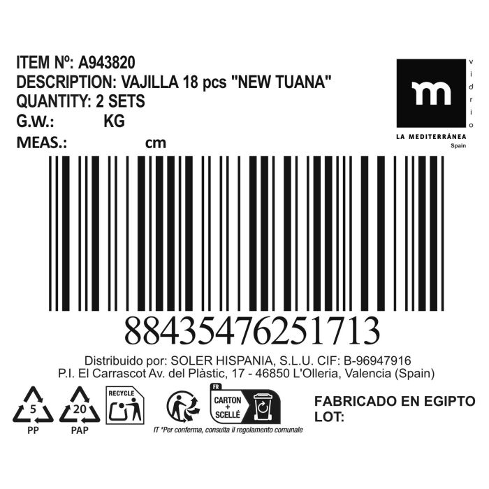 La Mediterranea Vajilla 18 Piezas New Tuana Colección La Mediterranea (2 Unidades)