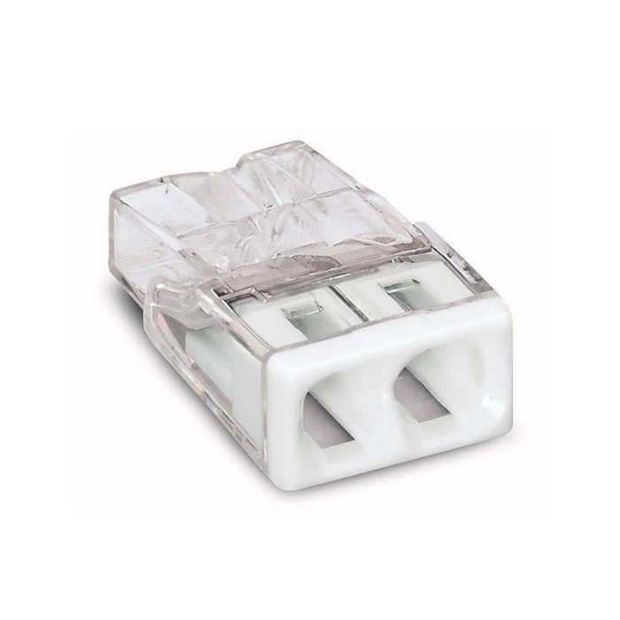 Wago Conector rápido 2 vías para conductores rígidos de cobre o aluminio, 0.5 a 2.5 mm², policarbonato transparente tapa blanca