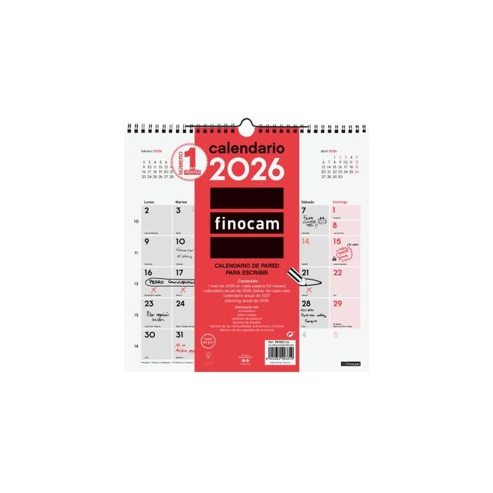 Finocam Calendario de Pared 30x30 cm Mv Neutro 2026 – Anual con Espacio para Escribir y Planificar, con Festivos Internacionales