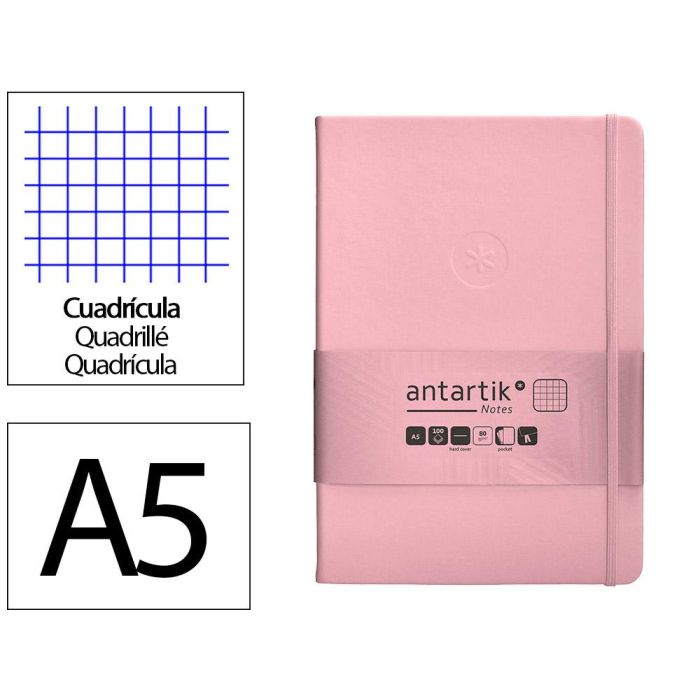 Cuaderno Con Gomilla Antartik Notes Tapa Dura A5 Hojas Cuadricula Rosa Pastel 100 Hojas 80 gr Fsc