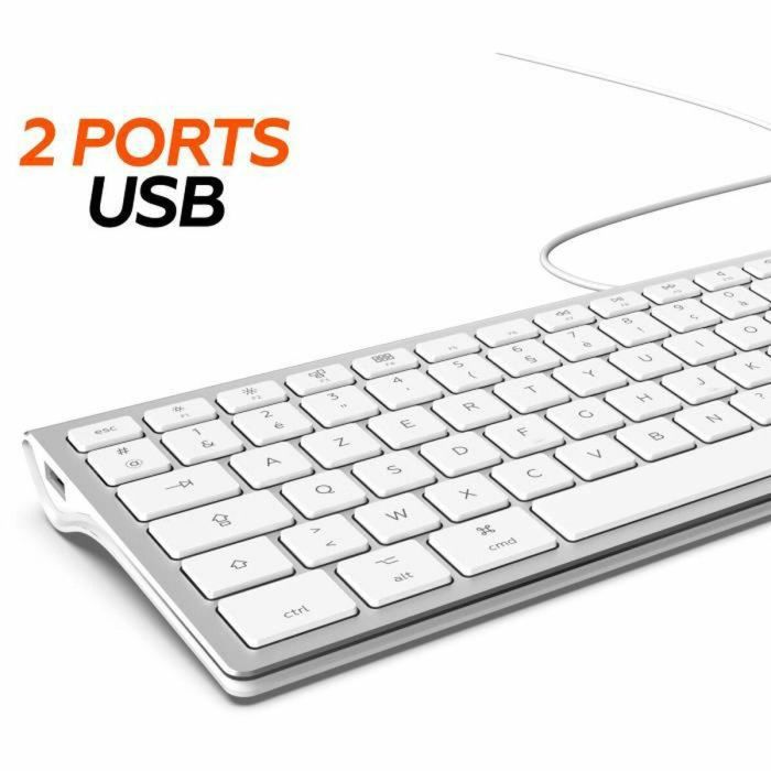 MOBILITY LAB ML304304 - Teclado de diseño táctil con cable con 2 USB para Mac - AZERTY - Blanco y plateado 2