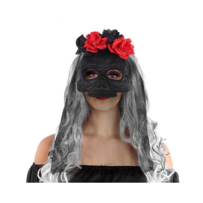 Máscara Calavera Negra Con Flores Y Velo Para Catrina Elegante - Día de los Muertos, Fiestas 0 Máscara Calavera Negra Con Flores Y Velo Para Catrina Elegante - Día de los Muertos, Fiestas 0