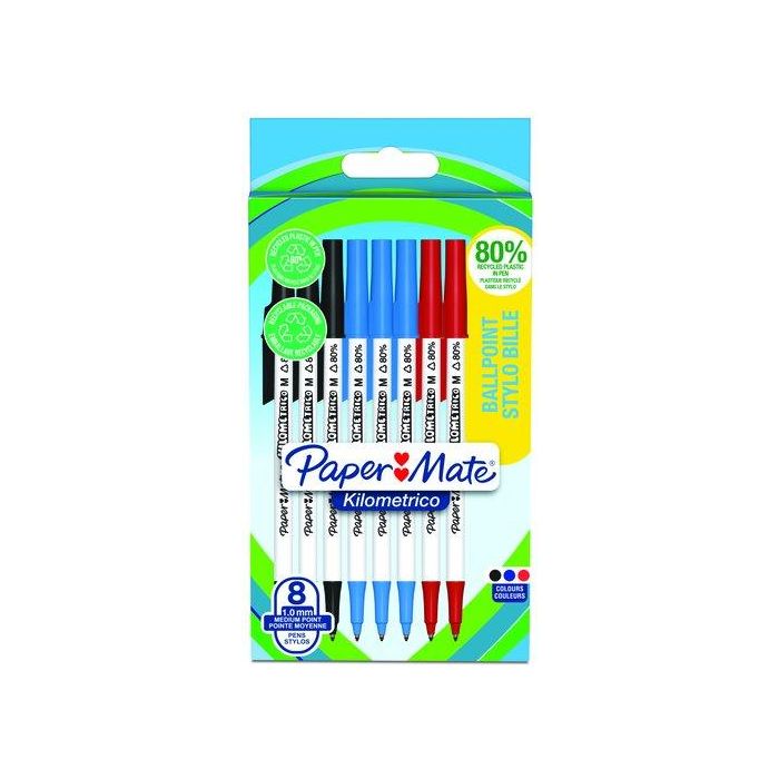 Paper Mate Bolígrafo Kilométrico Retráctil 1.0mm, Tinta Surtida (Negra, Azul, Roja), Plástico 80% Reciclado, 8 Unidades