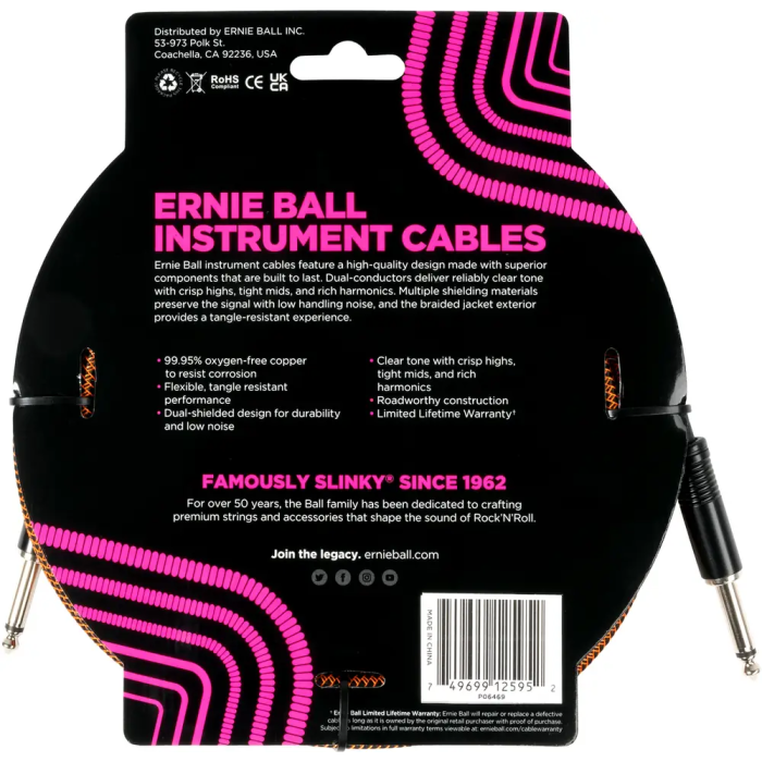 Ernieball Cable para Instrumento SS Trenzado Jack-Jack 5.5M Naranja/Negro 1 Ernieball Cable para Instrumento SS Trenzado Jack-Jack 5.5M Naranja/Negro 1