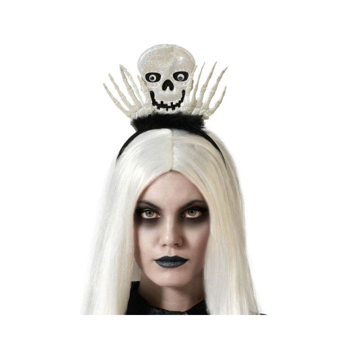 Diadema Calavera con Corona Plateada y Glitter - Accesorio para Disfraz de Esqueleto, Novia Cadáver, Reina Zombie - Halloween