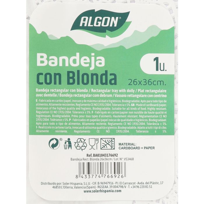 Bandeja rectangular Blonda Algon 26x36 cm (30 Unidades) 2 Bandeja rectangular Blonda Algon 26x36 cm (30 Unidades) 2