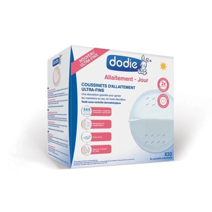 Dodie Cojines de lactancia ultra-finos y discretos de día con microperlas absorbentes, en estuche individual - Pack 30 uds