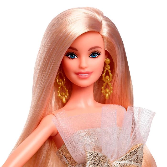 Barbie Jbh95 Muñeca Holiday Rubia Vestido Plateado y Dorado con Flores, Incluye Soporte y Certificado de Autenticidad 1