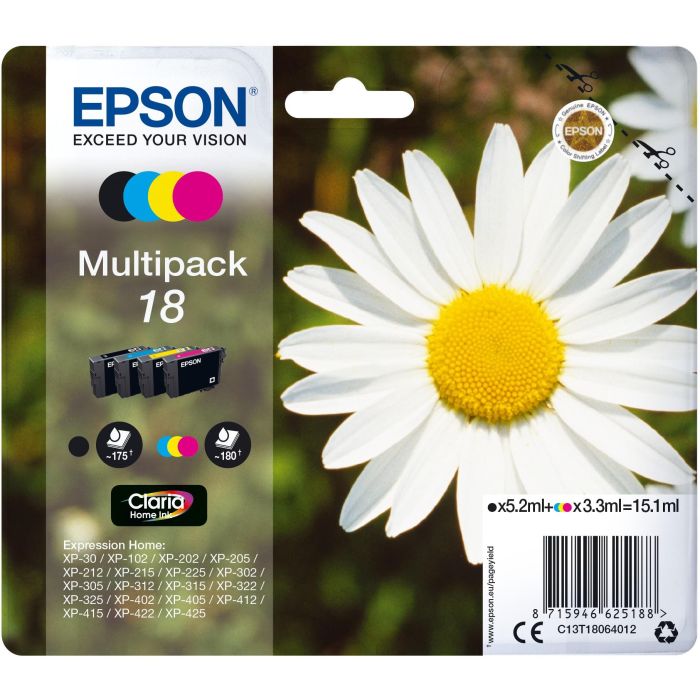 Epson Expression Home XP-102/205/305/405 MultiPack 4 Cartuchos (K,C,M,Y)nº18 0 Epson Expression Home XP-102/205/305/405 MultiPack 4 Cartuchos (K,C,M,Y)nº18 0