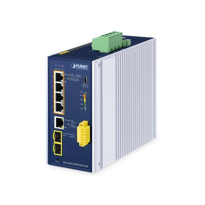 Planet Switch Ethernet Industrial Gestionado L2+ con 4 Puertos Gigabit PoE++ 802.3bt (95W), 1 Gigabit, 2 SFP 2.5G y Booster 12V