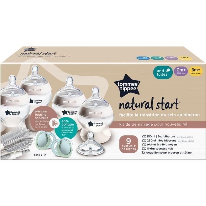 Caja para biberones - TOMMEE TIPPEE - NATURAL START - 4x biberones 150 ml / 260 ml - Anticólicos - 2x tetinas - Recién nacido 1