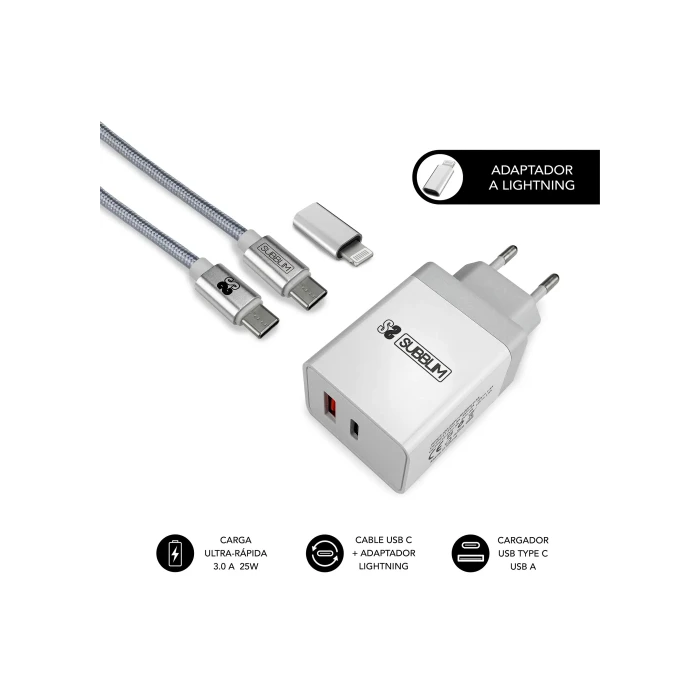 SUBBLIM CARGADOR ULTRA RAPIDO 2xUSB DE PARED PD25W+QC3.0+Cable C to C y lightning Blanco SUBBLIM CARGADOR ULTRA RAPIDO 2xUSB DE PARED PD25W+QC3.0+Cable C to C y lightning Blanco