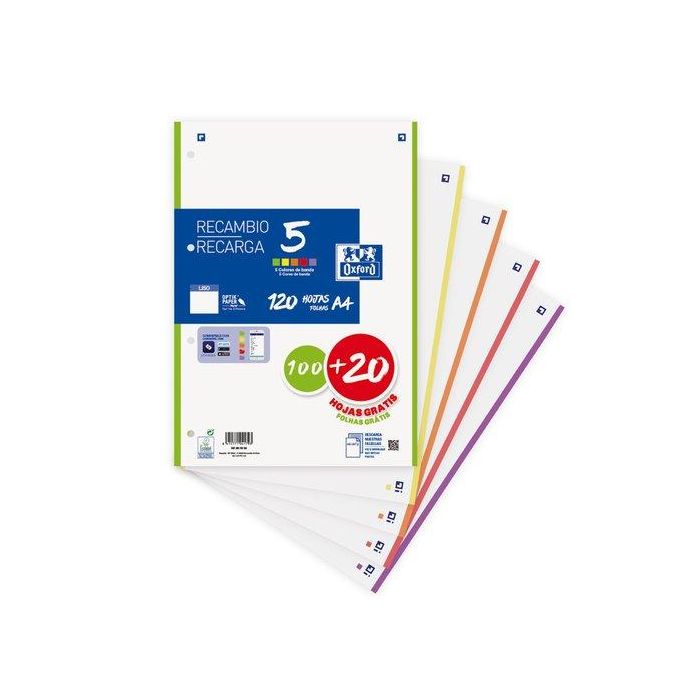Oxford Recambio 120 Hojas 90gr Liso 4 Taladros 5 Bandas Colores Vivos Promoción 100+20 Gratis