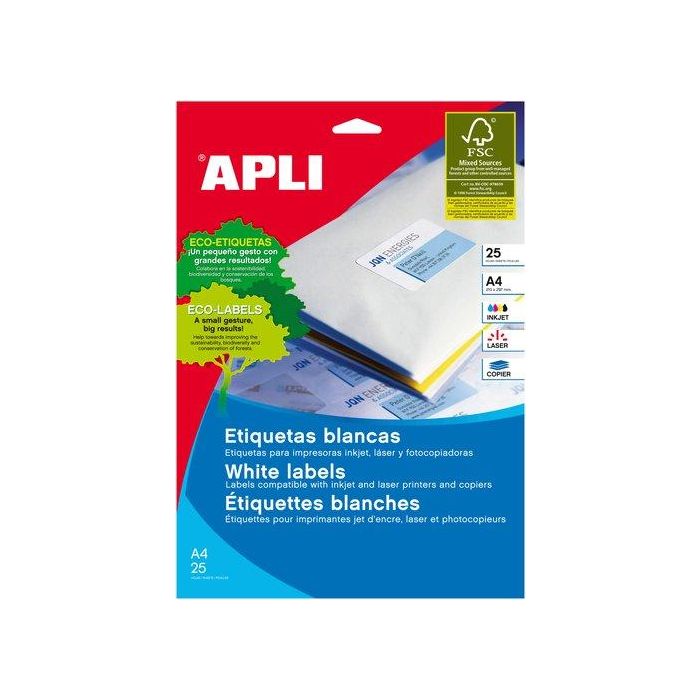 Apli Etiquetas Adhesivas Blancas 199,6x289,1 mm Cantos Romos para Inkjet/Láser, 100 Hojas