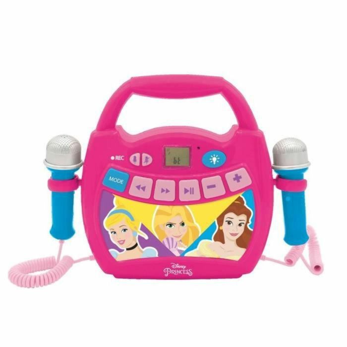Lexibook Princesa de Disney - Reproductor Karaoke Bluetooth Portátil para Niños con 2 Micrófonos, Efectos de Luz LED, Grabación y Cambio de Voz, Batería Recargable
