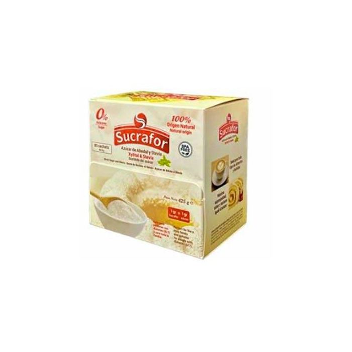 Sucrafor Xilitol y Stevia, edulcorante 100% natural bajo en calorías, 85 sobres