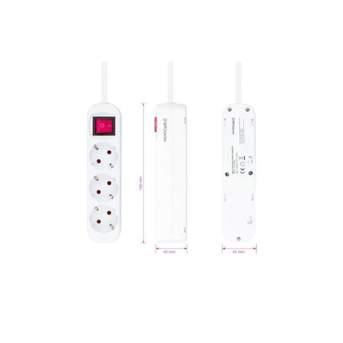 Regleta con Interruptor Nanocable 10.38.0003/ 3 Tomas de Corriente/ Cable 1.4m/ Blanca 2