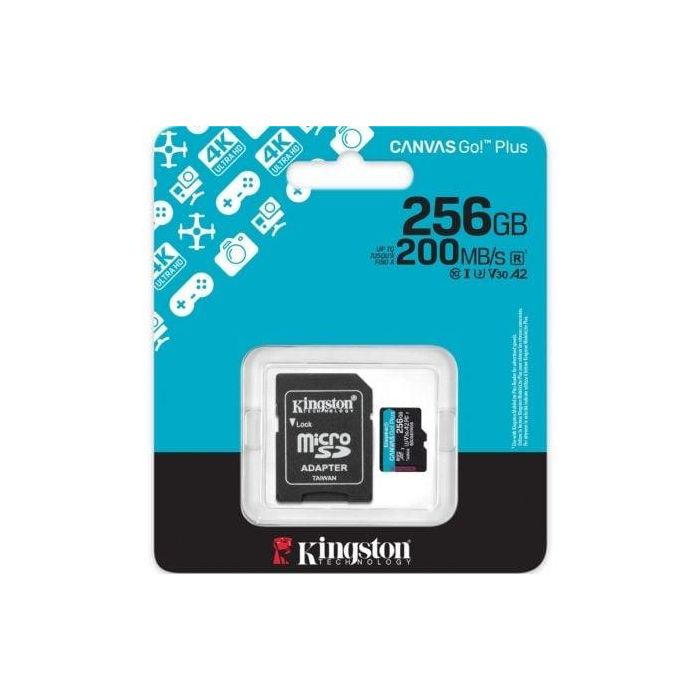 Kingston SDCG4/256GB Tarjeta de Memoria CANVAS Go! Plus 256GB microSD XC 200MB/s U3 V30 A2 para 4K UHD y Gaming con Adaptador 2 Kingston SDCG4/256GB Tarjeta de Memoria CANVAS Go! Plus 256GB microSD XC 200MB/s U3 V30 A2 para 4K UHD y Gaming con Adaptador 2