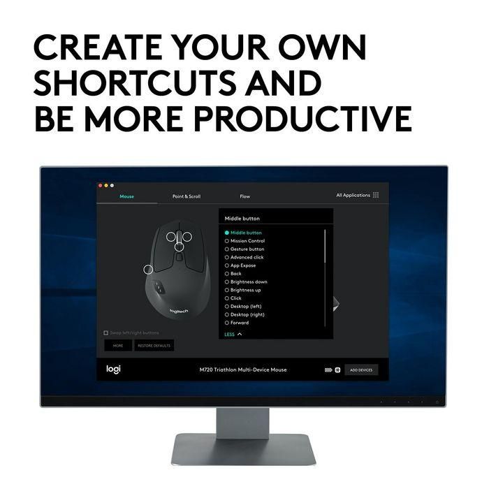 Logitech M720 Triathlon Ratón Óptico Wireless y Bluetooth para Múltiples Dispositivos, Sensor Avanzado, 24 Meses de Batería, Negro 5 Logitech M720 Triathlon Ratón Óptico Wireless y Bluetooth para Múltiples Dispositivos, Sensor Avanzado, 24 Meses de Batería, Negro 5