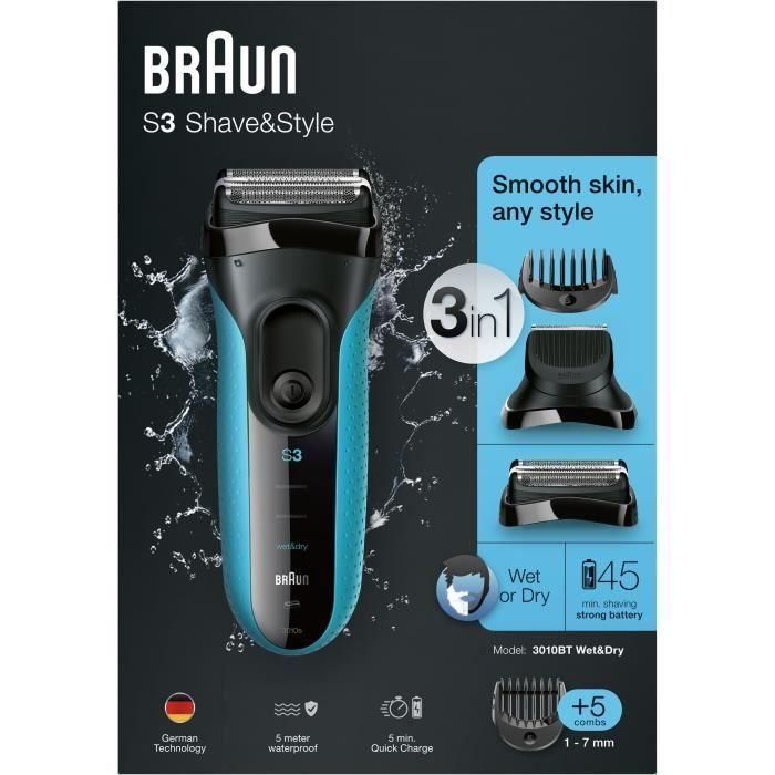 Afeitadora de barba eléctrica para hombre - BRAUN - Series 3 Shave & Style 3010BT - Tecnología Wet & Dry - Negro/Azul 1 Afeitadora de barba eléctrica para hombre - BRAUN - Series 3 Shave & Style 3010BT - Tecnología Wet & Dry - Negro/Azul 1