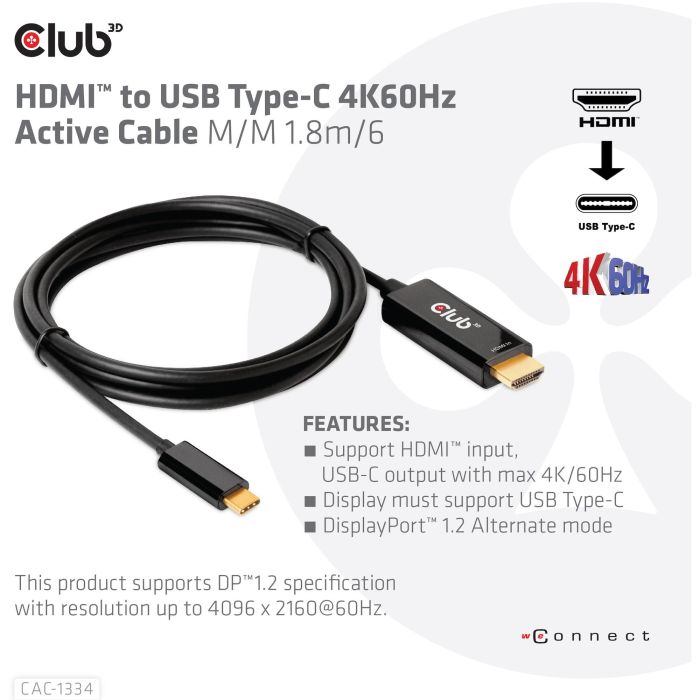Club 3D CAC-1334 Cable HDMI a USB-C, Activo 4K60Hz, 1.8m, Negro 2