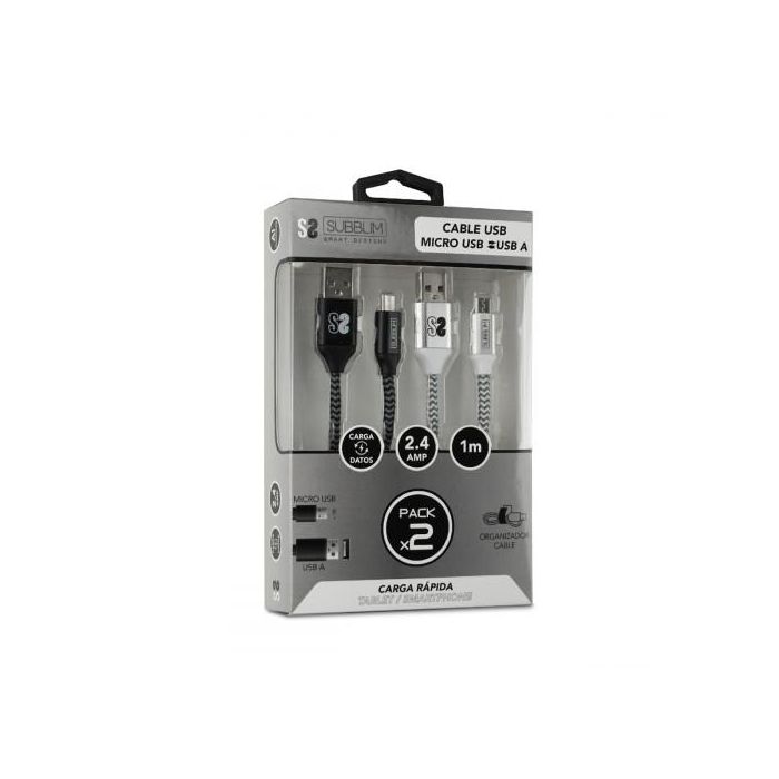 Subblim Cable USB A Micro USB 1m (2.4A) Pack 2 Unidades SUB-CAB-1MU001 Negro/Plata Carga Rápida Subblim Cable USB A Micro USB 1m (2.4A) Pack 2 Unidades SUB-CAB-1MU001 Negro/Plata Carga Rápida