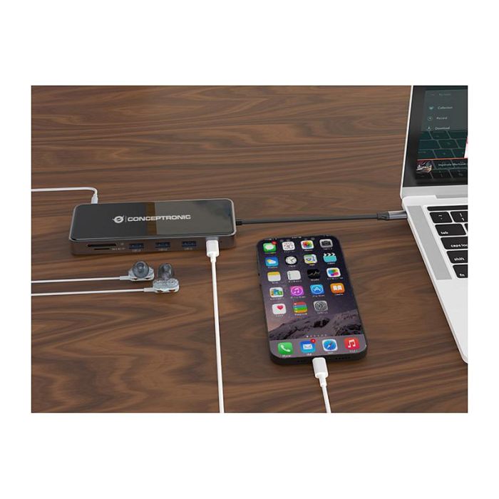 Conceptronic DONN15G Estación de Acoplamiento 12 en 1 USB Tipo C con HDMI/VGA/USB-C PD/USB 3.0/GbE/AUX 5