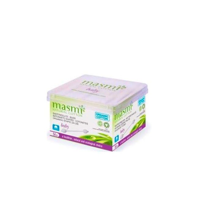 MASMI Bastoncillos de Algodón Ecológico para Bebé, Punta de Seguridad, Papel Biodegradable FSC, Certificado GOTS, 56 Unidades