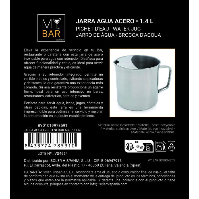 Jarra Agua C/Retenedor Acero 1.4L My Bar (12 Unidades) 6