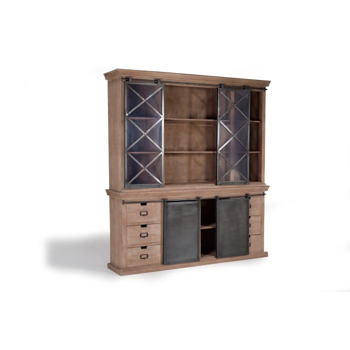 GINER Y COLOMER Alacena Industrial Madera de Mango 4 Puertas Correderas 6 Cajones Gris Oscuro Natural 2