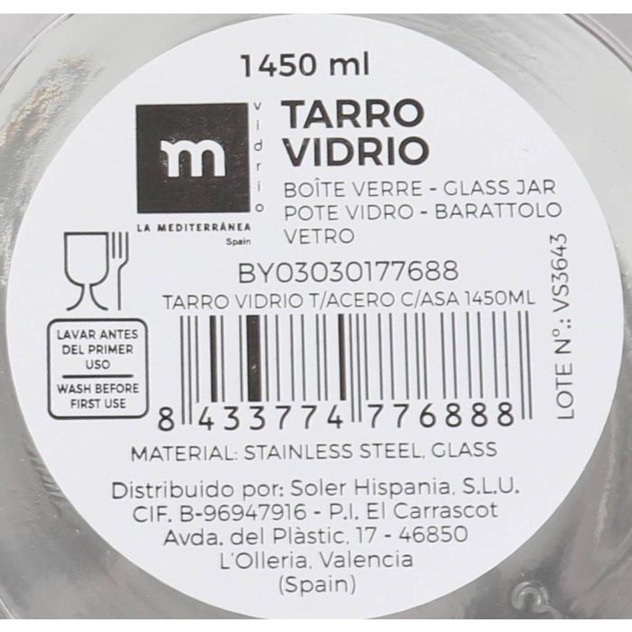 Tarro de vidrio con tapa de acero y asa 1450 ml - La Mediterranea (12 Unidades) 6 Tarro de vidrio con tapa de acero y asa 1450 ml - La Mediterranea (12 Unidades) 6