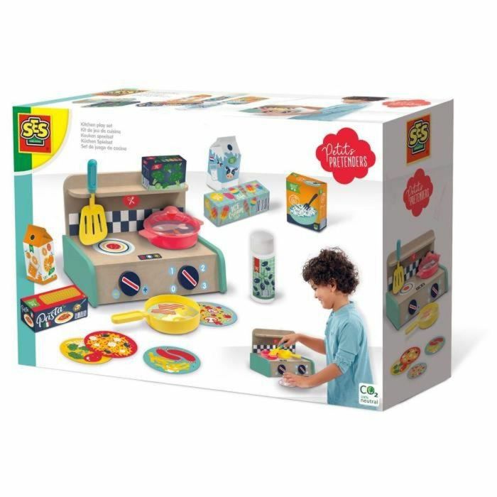 Ses 8710341180089 Kit de Cocina Infantil de Madera con Estufa, Sartén, Espátula, Botella y 6 Accesorios - Para 3 Años
