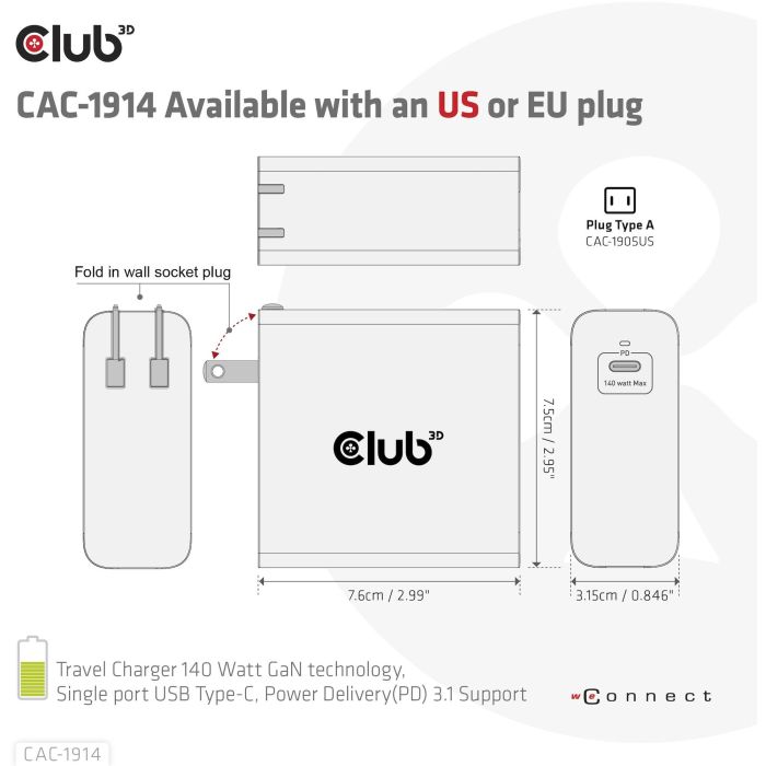 Club3D Ladegerät 1xUSB Typ C PD 140W. GaN retail 11