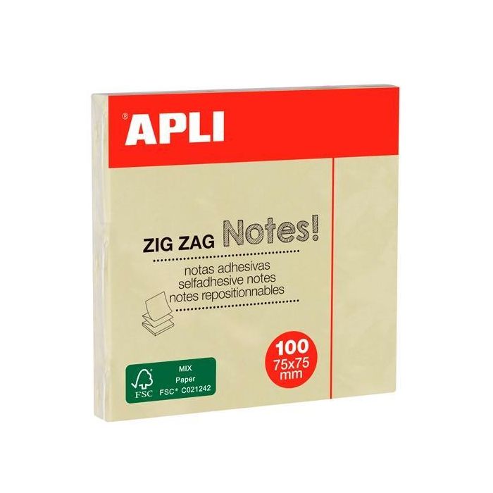 Apli Notas Adhesivas Zigzag Classic 75x75 mm, Bloc 100 Hojas, Amarillo, Papel FSC, Adhesivo Reposicionable