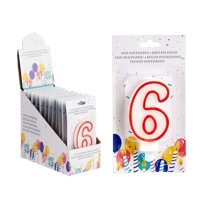 Vela Cumpleaños Num 6 Blanca Borde Rojo Arte Regal 4X8CM (72 Unidades) 2 Vela Cumpleaños Num 6 Blanca Borde Rojo Arte Regal 4X8CM (72 Unidades) 2
