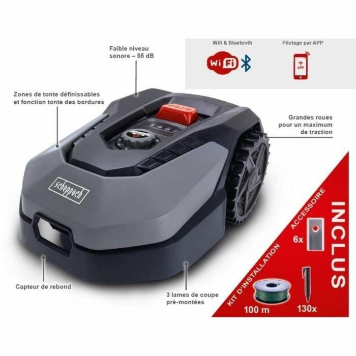 Robot cortacésped conectado Scheppach RoboCut L500 400m2 con estación de carga | Hasta 400 m² | Sensor de lluvia | Wi-Fi y Bluetooth 5 Robot cortacésped conectado Scheppach RoboCut L500 400m2 con estación de carga | Hasta 400 m² | Sensor de lluvia | Wi-Fi y Bluetooth 5