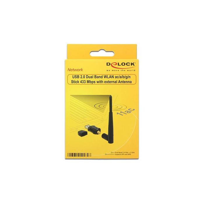 DeLOCK 12462 Adaptador USB WLAN Doble Banda 2.4G/5G, Wi-Fi 5 (802.11ac) hasta 433 Mbps, USB 2.0, Antena Externa, Negro