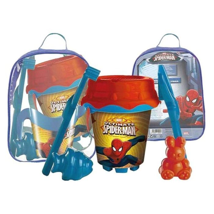 Mochila cubo playa castillo spiderman con cedazo, pala, rastrillo y moldes 18 cm