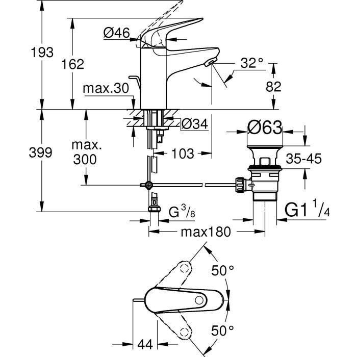 Mezclador monomando de lavabo - GROHE Swift - 24316001 - Cromo - Talla S - Ahorro de agua - Extraíble y desagüe 2