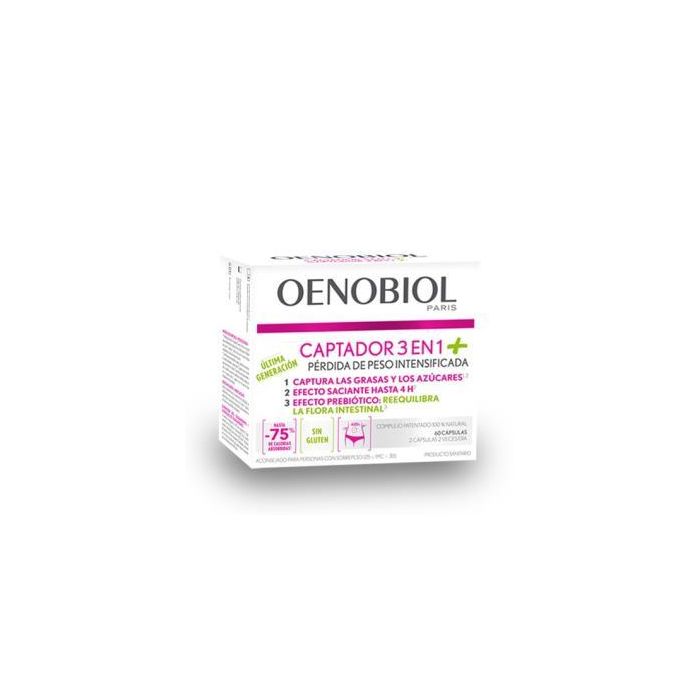 Oenobiol Captador 3 en 1 Plus, ayuda a captar grasas y azúcares, efecto saciante, prebiótico, 60 comprimidos