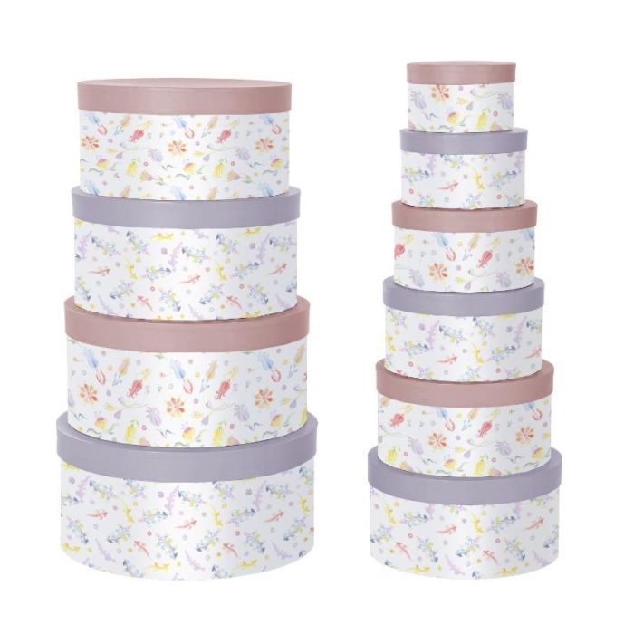 DKD Home Decor Caja Shabby Voluta Set de 10, Multicolor (Azul, Blanco, Lila) con Rayas y Lunares, Cartón, 37.5x37.5x18 cm