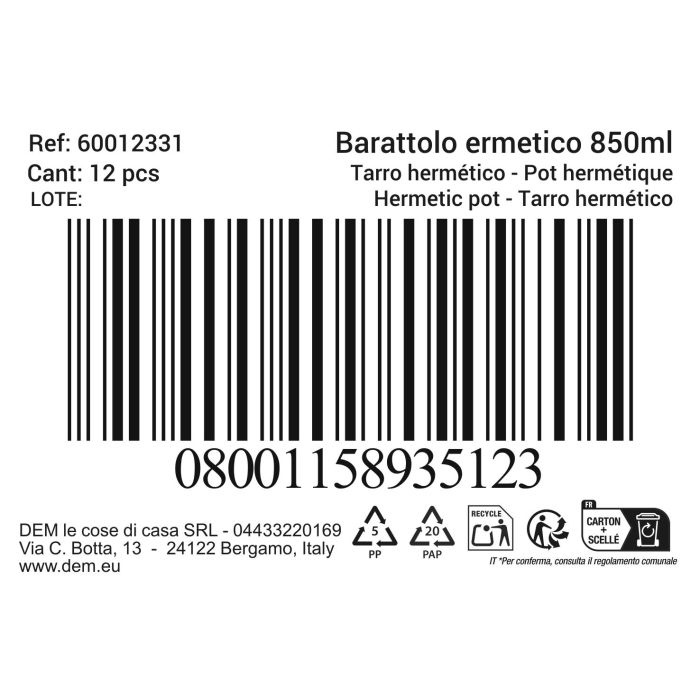 Tarro Hermetico  0,85L Beclassic (12 Unidades) 1