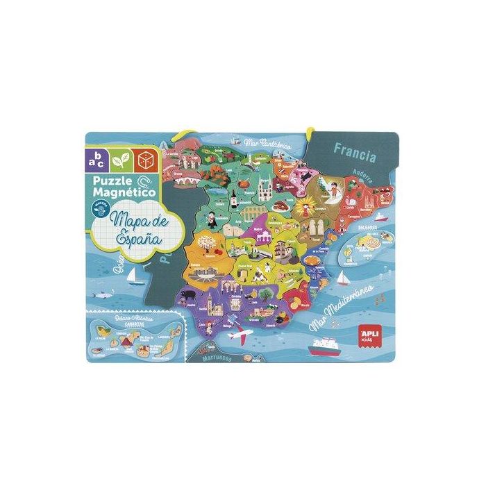 Apli Puzzle magnético del Mapa de España, 50 piezas imantadas, 40x30 cm, con tablero y cordón para colgar, ideal para niños +5 años