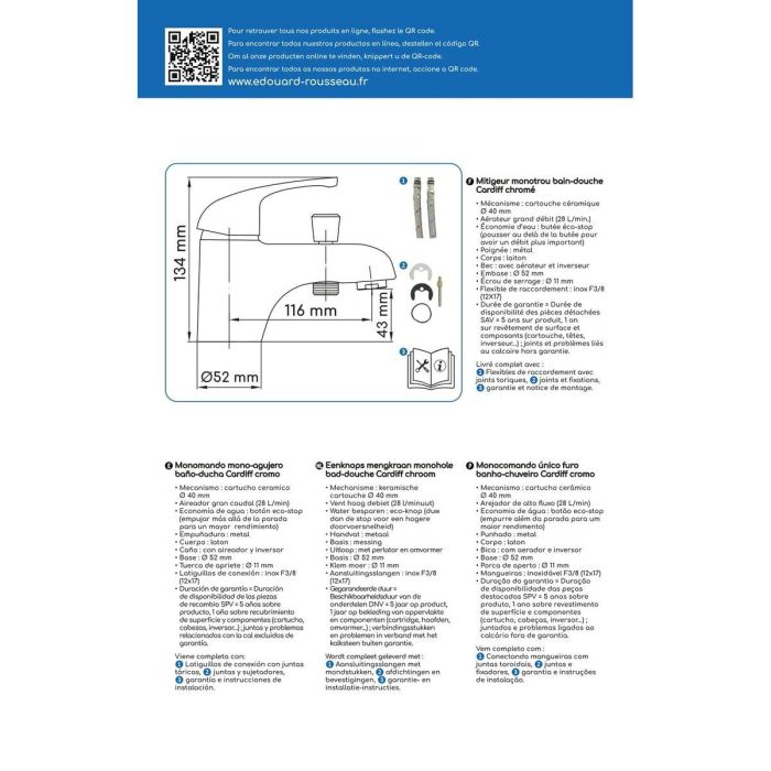 Edouard Rousseau ROU3047404059804 CARDIFF Mezclador monomando para bañera y ducha cromado Ahorro de agua Acabado brillante 1 Edouard Rousseau ROU3047404059804 CARDIFF Mezclador monomando para bañera y ducha cromado Ahorro de agua Acabado brillante 1