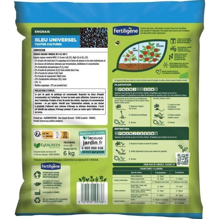 FERTILIGENE FBLEUBIO6 - Abono Universal Azul 6 kg - Floración y cosechas abundantes - Nutre hasta 3 meses - Para 240m² 1