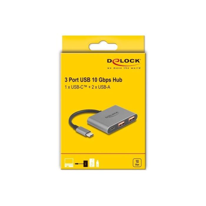 DELOCK 3 Port USB Hub 10 Gbps mit USB Type-C zu 1 x USB Type-C + 2 x USB Typ-A 1