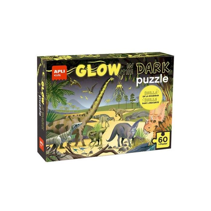 Apli Kids R.19435 Puzle de 60 piezas de Dinosaurios que brilla en la Oscuridad para niños +4 años