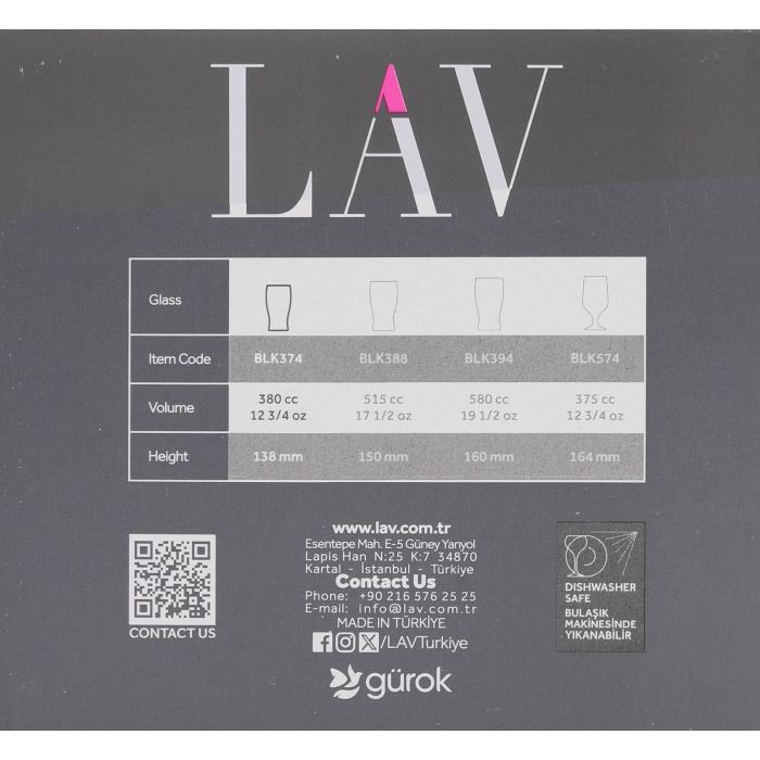 Lav Set 6 Vasos Cerveza Belek 375 cc - Vasos de Vidrio para Hostelería (8 Cajas)